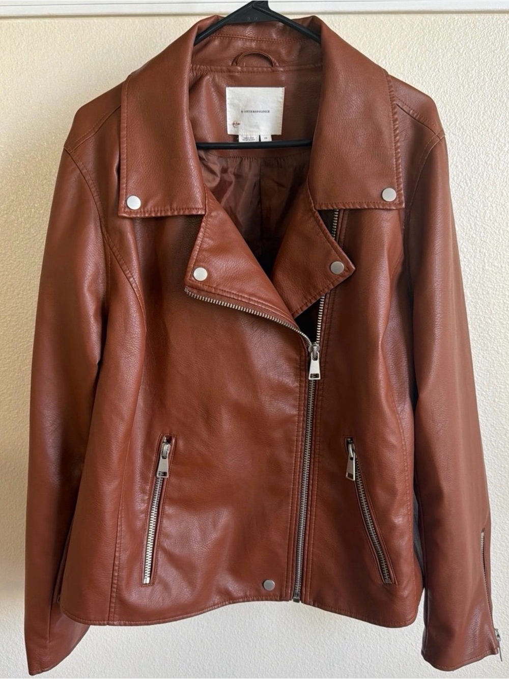 By Anthropologie Rich Cognac Brown Faux Leather Moto Jacket - Plus Size 2X - Picture 11 of 12